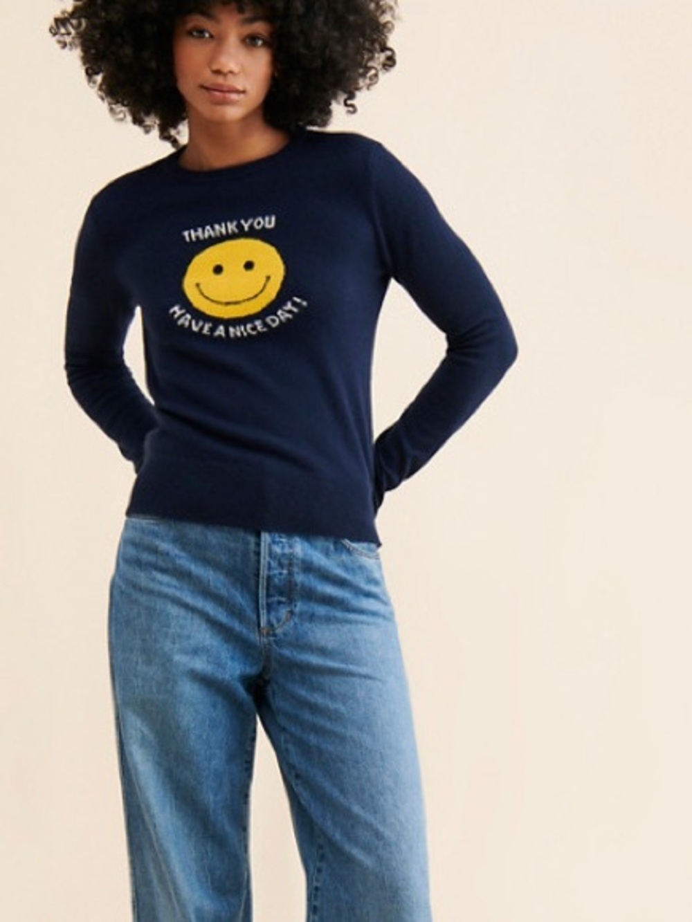 KULE Navy Sweater with Yellow Smiley Graphic